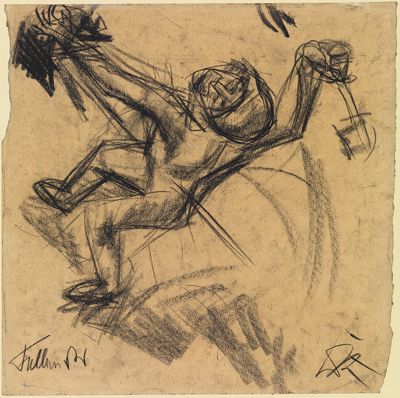 Auf der Zeichnung von Otto Dix ist eine Person abgebildet, die fällt. Der Körper ist verdreht und gestreckt.