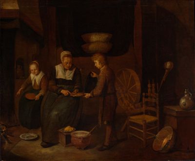 Quiringh Gerritsz. van Brekelenkam - Alte Frau beim Pfannkuchenbacken, mit zwei Kindern