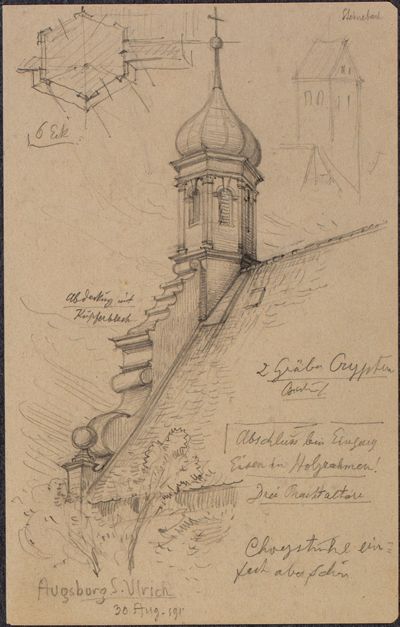 Josef Wilhelm Durm - Giebelturm der evangelischen St. Ulrichskirche in Augsburg und Turm der Kirche in Steinebach (Kirchen und Landschaften aus Bayern)