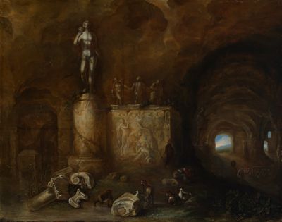 Abraham van Cuylenborch - Inneres einer Grotte mit Bildwerken und einem schlafenden Hirten