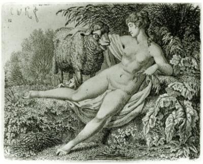 Carl Wilhelm Kolbe (1757) - Liegendes, nacktes Mädchen, das einem Schaf Kräuter reicht
