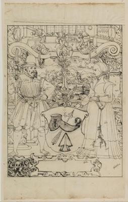 Bartholomäus Lingg - Riss mit Schildbegleiterpaar und Schusterwappen, im Oberbild Schusterhandwerk