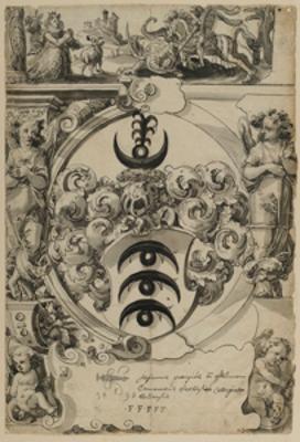 Niklaus von Riedt (zugeschrieben) - Riss mit Wappen Johann Georg von Pflummern, flankiert von zwei Engeln, im Oberbild Hl. Georg im Kampf gegen den Drachen