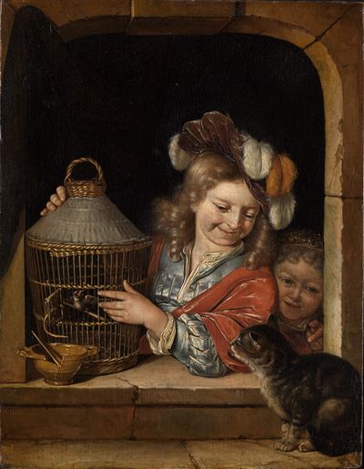 Eglon Hendrik van der Neer - Kinder mit Vogelkäfig und Katze