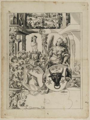 Niklaus von Riedt (zugeschrieben) - Riss mit Engel als Schildhalter und nicht identifizierten Allianzwappen, im Oberbild Hasenjagd