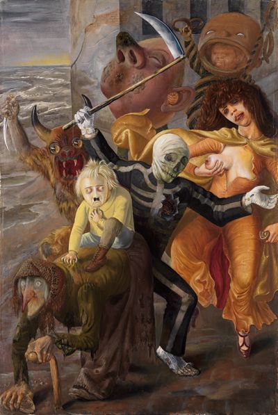 Das Gemälde von Otto Dix zeigt groteske Figuren. Jede verkörpert einer der sieben Todsünden in dunklen Farben.