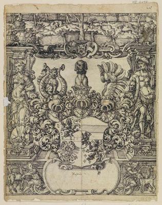 Straßburger Meister - Riss mit Wappen Nassau, flankiert von Diana und Minerva, im Oberbild Hirschjagd