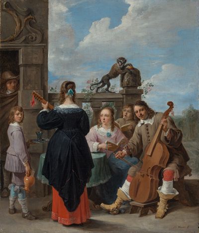 Auf dem Bild sieht man mehrere Menschen, die auf einer Terrasse sitzen.Einige spielen Musikinstrumente, andere hören, sie tragen schöne Kleidung und wirken fröhlich.
