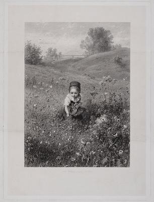 Eduard Willmann - Kleines Mädchen an einem Wiesenhang, Blumen in die Schürze sammelnd