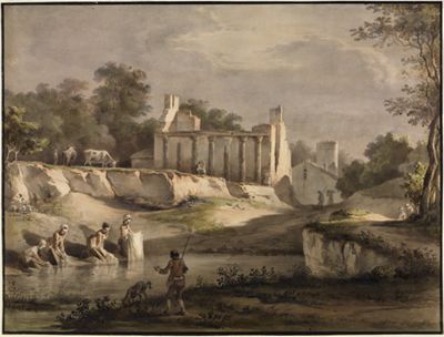 Jean Jacques de Boissieu - Wäscherinnen an einem Flüsschen, dahinter Hausruine mit antiken Säulen