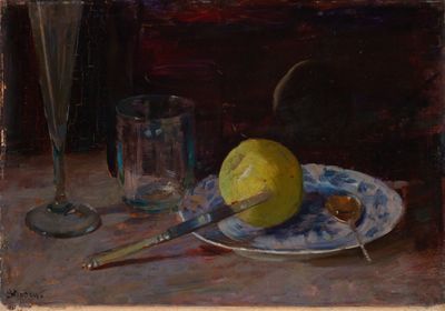 Emilie Stephan - Stillleben mit Apfel, Porzellanteller und Gläsern