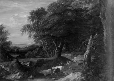 Cornelis Huysmans - Waldlandschaft mit Hirten und ihrer Herde an einer Furt