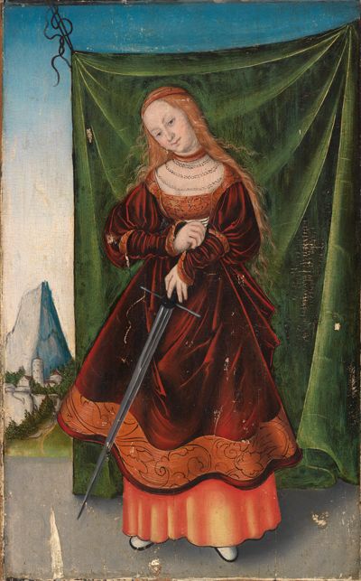 Lukas Cranach stellt eine Frau in einem prächtigen Gewand dar, die ein Schwert in der Hand hält. Sie schaut entschlossen und ernst.