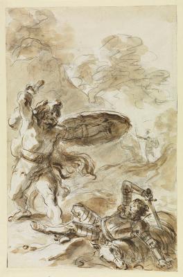 Jean-Honoré Fragonard - Das Traumgesicht des Ruggiero: Bradamante wird von einem Riesen im Kampf zu Boden geworfen