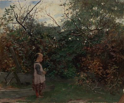 Ernst Schurth - Stehendes Kind vor grüner Hecke