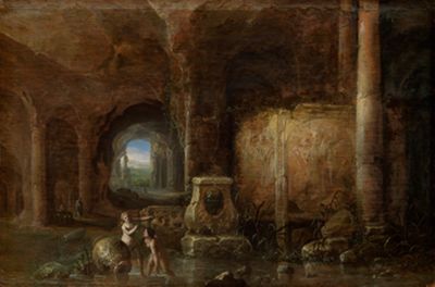 Abraham van Cuylenborch - Grotte mit antiken Bildwerken und badenden Frauen