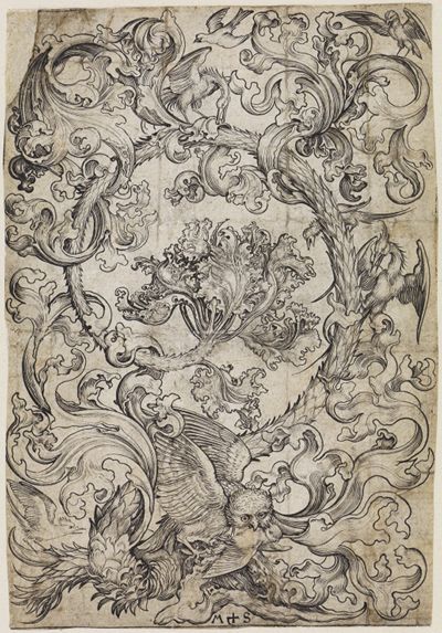 Martin Schongauer - Ornament mit einer Eule und Vögeln