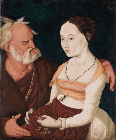Hans Baldung zeigt eine Frau und einen Mann, die eng beieinanderstehen. Der Mann hat seinen Arm um die Frau gelegt, die deutlich älter aussieht und weniger attraktiv als der jüngere Mann.