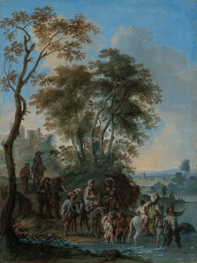 Franz de Paula Ferg - Landschaft mit Reisenden an einer Furt