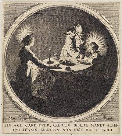 Jacques Callot zeigt Maria, Josef und das Jesuskind an einem einfachen Tisch. Sie sitzen zusammen und essen. Alles wirkt friedlich und bescheiden.