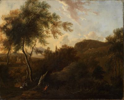 Frederik de Moucheron - Südliche Landschaft mit einem Jäger auf Hirschjagd