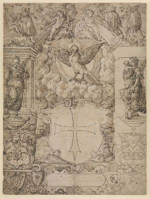 Daniel Lindtmayer (1552) - Riss mit Wappen des Heiliggeistspitals in Schaffhausen, flankiert von Fides und Caritas, darunter l. Zunftwappen der Maler, im Oberbild Hiob