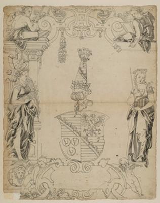 Bartholomäus Lingg - Riss mit Wappen Sachsen-Lauenburg, flankiert von Concordia und Lex, in den o. Eckbildern Justitia und Prudentia