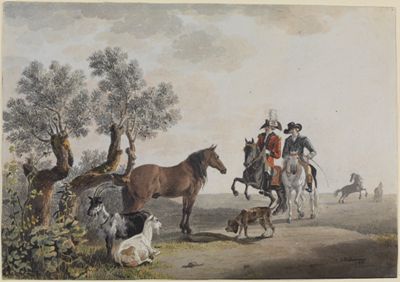 Johann Jakob Biedermann - Zwei Reiter, die ihren Weg über eine Tierweide nehmen