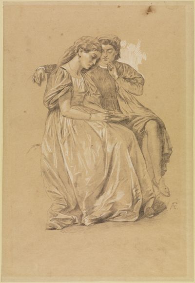 „Paolo und Francesca“ zeigt zwei Figuren in einem innigen Moment. Francesca sitzt mit einem traurigen, aber liebevollen Gesichtsausdruck. Paolo steht neben ihr und schaut sie zärtlich an.