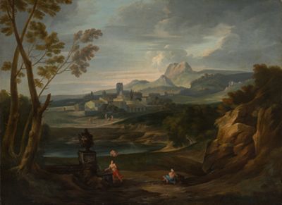 Italienischer Meister - Weite Landschaft mit einer Stadt am Meer vor einem Gebirge
