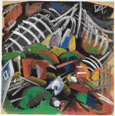Otto Dix zeigt eine menschenleere Kriegslandschaft mit beschädigten Karren und Ausrüstungen, die verstreut auf einem Schlachtfeld liegen.