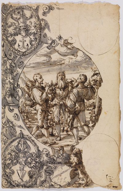 Hans Jakob Plepp - Riss mit Rütlischwur, darunter Zürcher Schild, in den l. Eckbildern nicht identifizierte Wappen