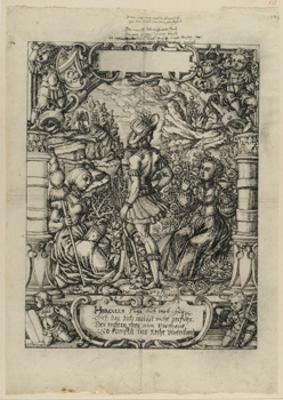 Straßburger Meister - Riss mit Herkules am Scheideweg, darüber nicht identifiziertes Wappen