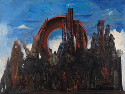 Das Gemälde von Max Ernst zeigt einen geheimnisvollen Wald. Die Bäume und Pflanzen sind oft mit fantastischen, verzerrten Formen dargestellt.