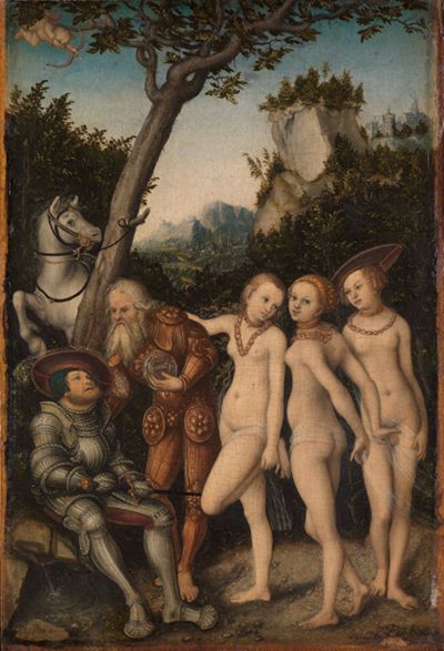Das Bild von Lucas Cranach zeigt einen jungen Prinz, der in der Mitte sitzt, neben ihm stehen leicht bekleidete Göttinnen. Der Götterbote Hermes, mit einem geflügelten Hut, steht neben ihm.
