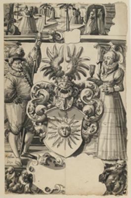 Niklaus von Riedt (zugeschrieben) - Riss mit Spießer und Bürgersfrau als Schildbegleiter und nicht identifiziertem Wappen, im Oberbild Spaziergänger im Park