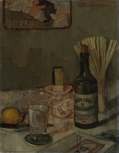 Alice Trübner - Stilleben mit Flasche, Wasserglas und Zitrone