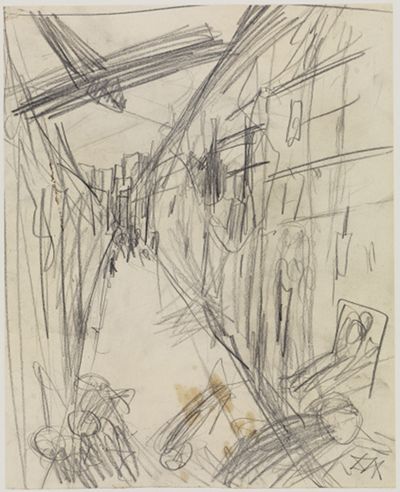 Die Zeichnung von Otto Dix zeigt die Zerstörung der Stadt Lens durch Bombenangriffe. Die Szene ist chaotisch mit Trümmern, verbrannten Gebäuden und einer Explosion.