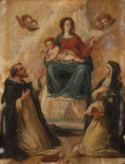 Italienischer Meister - Maria mit dem Kinde, auf Wolken thronend, verteilt Rosenkränze an den Heiligen Dominikus und Katharina von Siena
