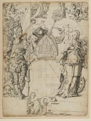 Jost Amman - Riss mit Bannerträger und Hl. Katharina als Schildhalter und nicht identifiziertem Abtswappen, im Oberbild die Hl. Agnes und der Hl. Georg