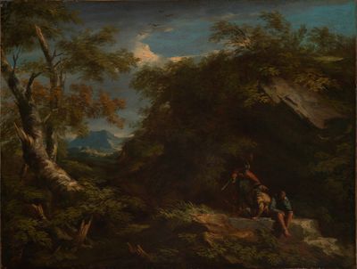 Salvator Rosa - Bergige Waldlandschaft mit rastenden Kriegern