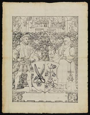 Bartholomäus Lingg - Riss mit Schildbegleiterpaar und Schneiderwappen, im Oberbild Schneiderhandwerk