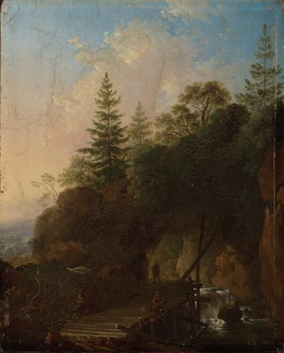 Christian Wilhelm Ernst Dietrich - Gebirgslandschaft mit Wasserfall und hölzerner Brücke