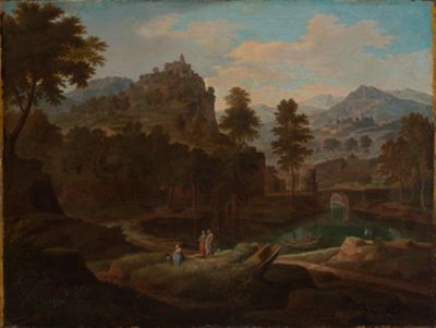 Etienne Allegrain - Südliche Berglandschaft mit einer Burg und rastenden Frauen