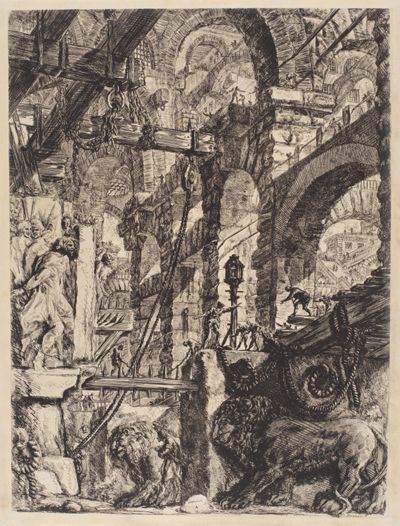 Giovanni Battista Piranesi - Römische Bogenarchitektur mit zwei Löwenreliefs im Vordergrund