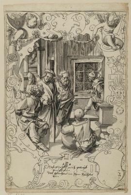 Bartholomäus Lingg - Riss mit dem Trösten der Gefangenen, darunter zwei leere Wappenschilde