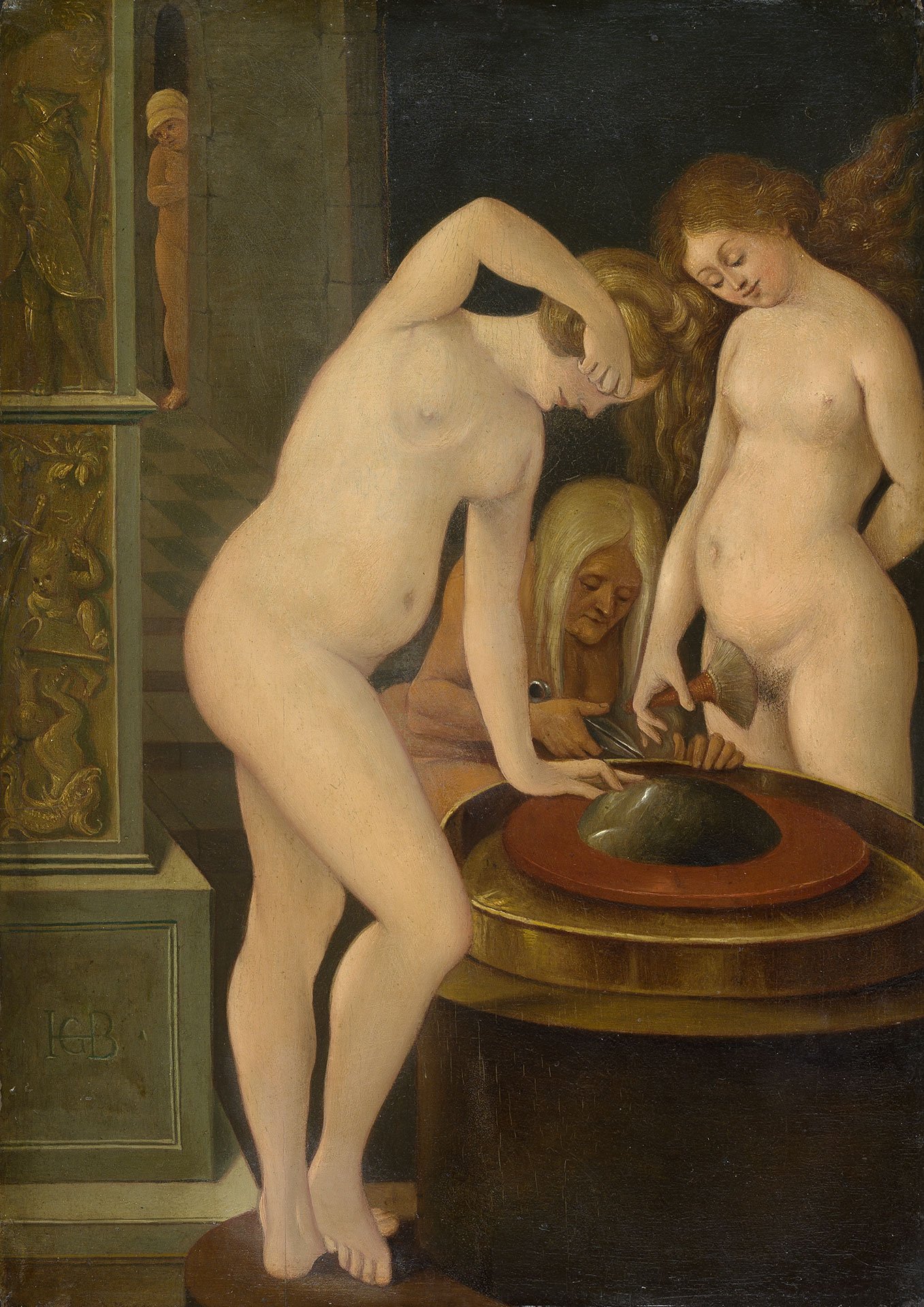 Abbildung des Werks "Frauenbad mit Spiegel“ nach einem Werk des Künstlers Hans Baldung Grien. Es zeigt zwei nackte Frauen, wie sie sich waschen.