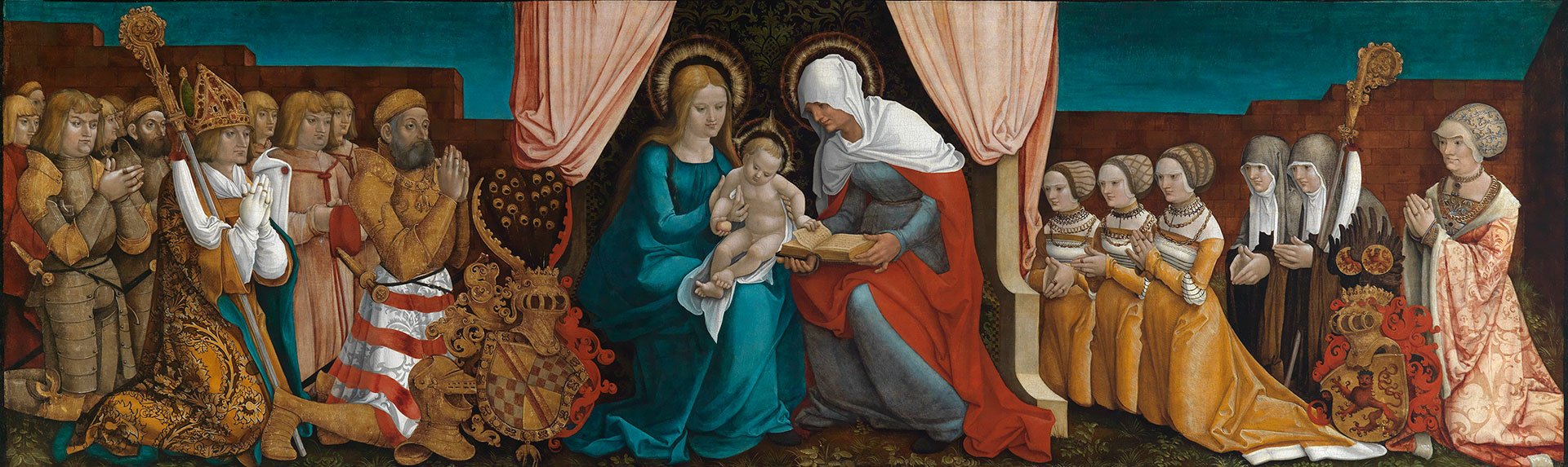 Image of the Margrave Table by the artist Hans Baldung Grien. It shows the Holy Family in the middle. On the right a group of women. On the left the Margrave's family. The work of art is located in the Kunsthalle Karlsruhe.