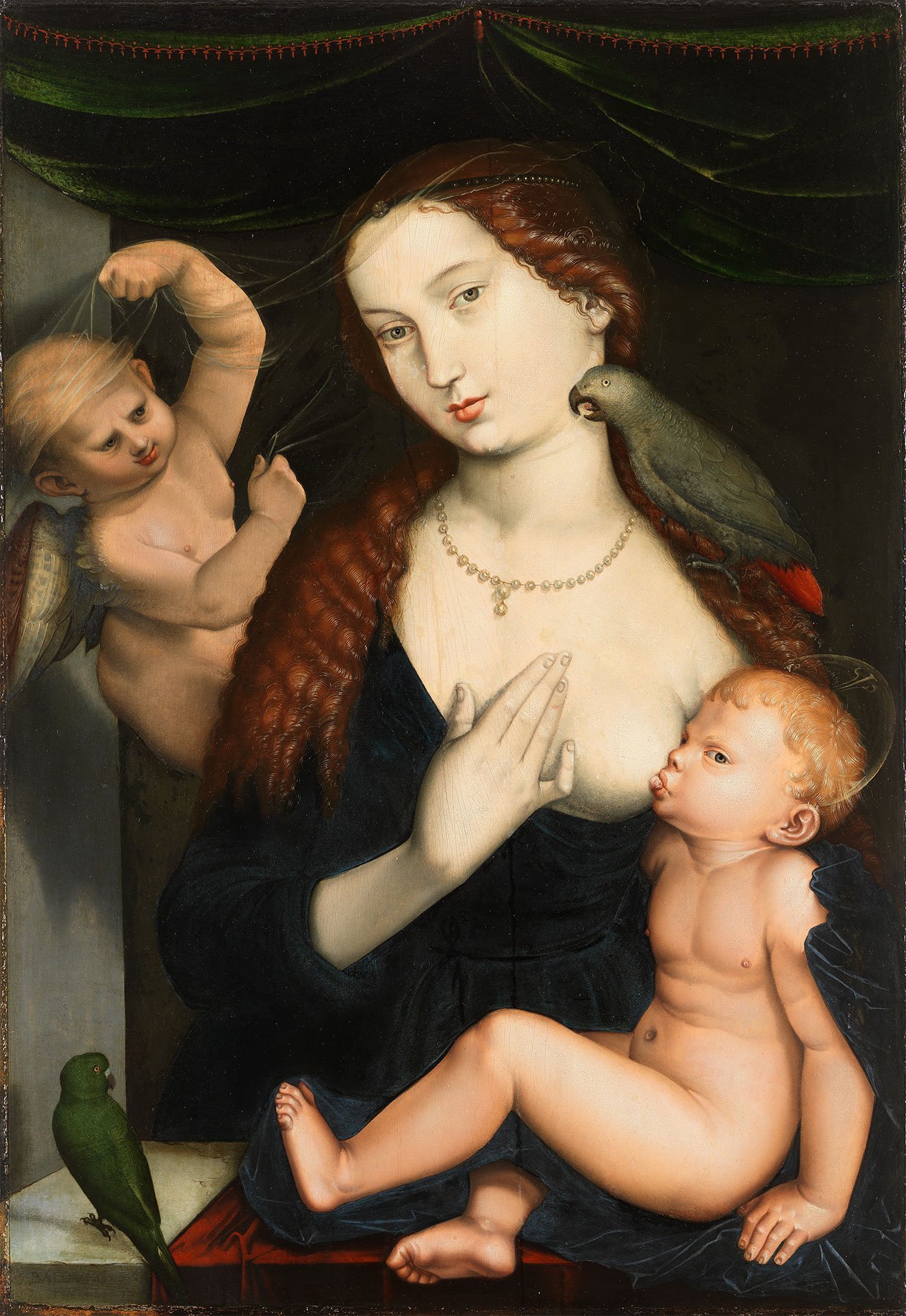 Abbildung des Werks "Maria mit Kind und Papageien" des Künstlers Hans Baldung Grien. Es zeigt eine junge Frau, die ein Kind auf ihrem Schoss hat. Das Kind saugt an ihrer Brust. Auf der rechten Schulter sitzt ein Vogel. Links ist ein Engel zu sehen.