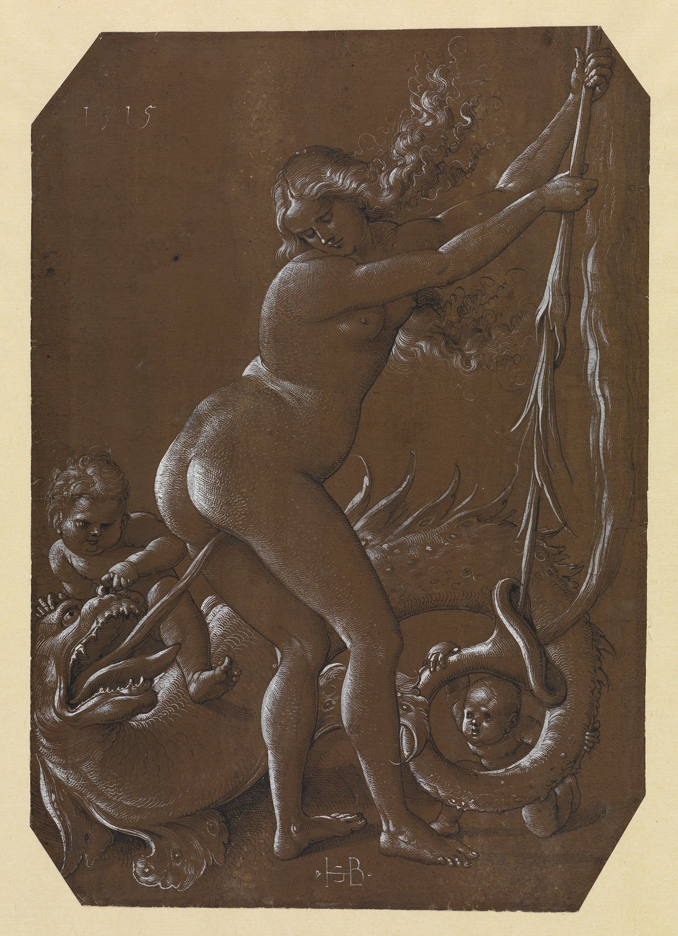 Abbildung des Werks ": Nackte junge Hexe und fischgestaltiger Drache“ des Künstlers Hans Baldung Grien. Es zeigt eine nackte Frau, die von einem Drachen dessen Zunge in den After gesteckt bekommt.